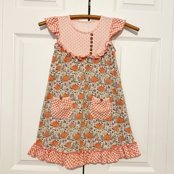 Shrimp & Grits Kids Other - Shrimp & Grits Serendipity Pumpkin Fall Print Dress Ruffle Hem Girl’s Size M 5/6